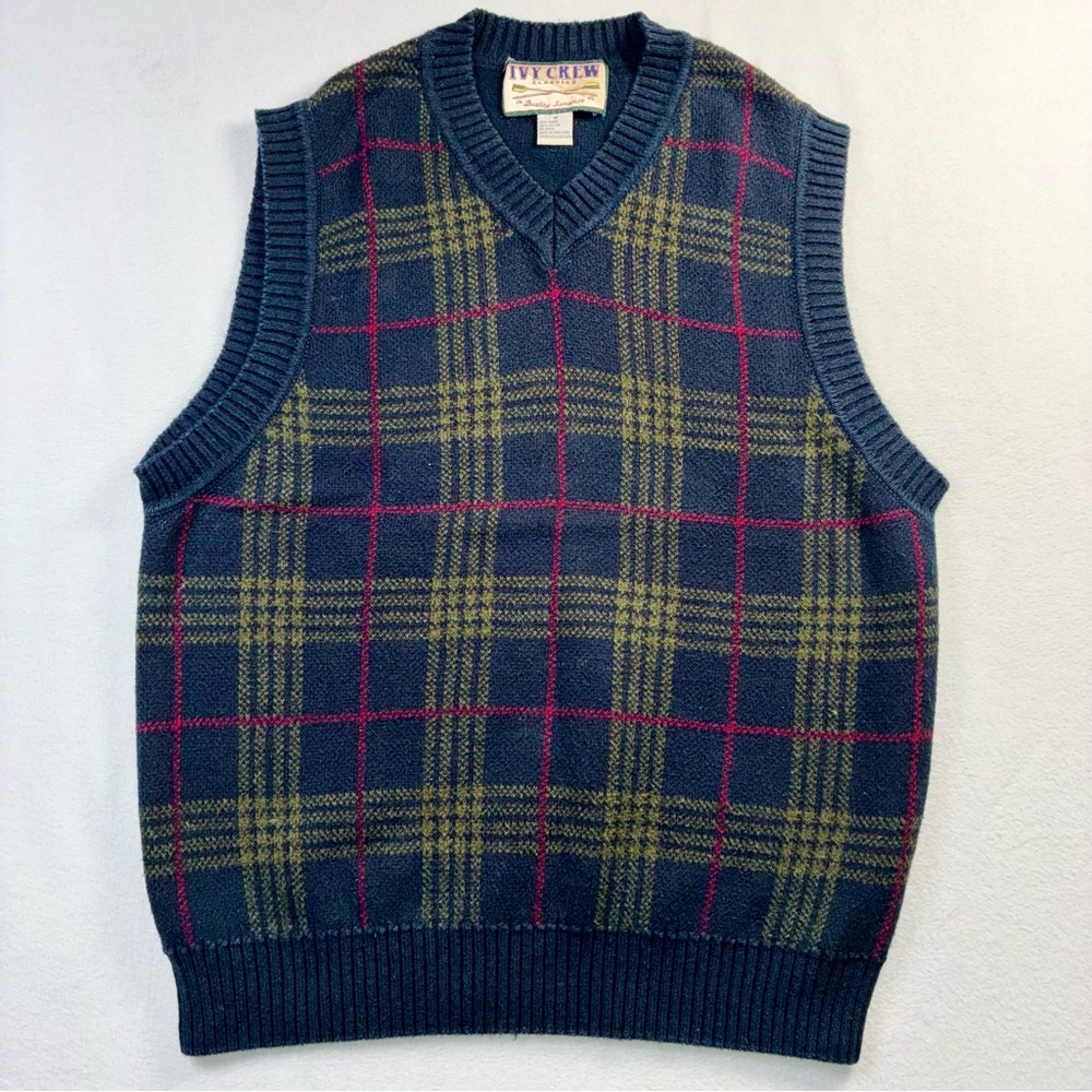 Vintage Ivy Crew Sweater Vest Medium Navy Olive Red Plaid V-Neck 90s Preppy
